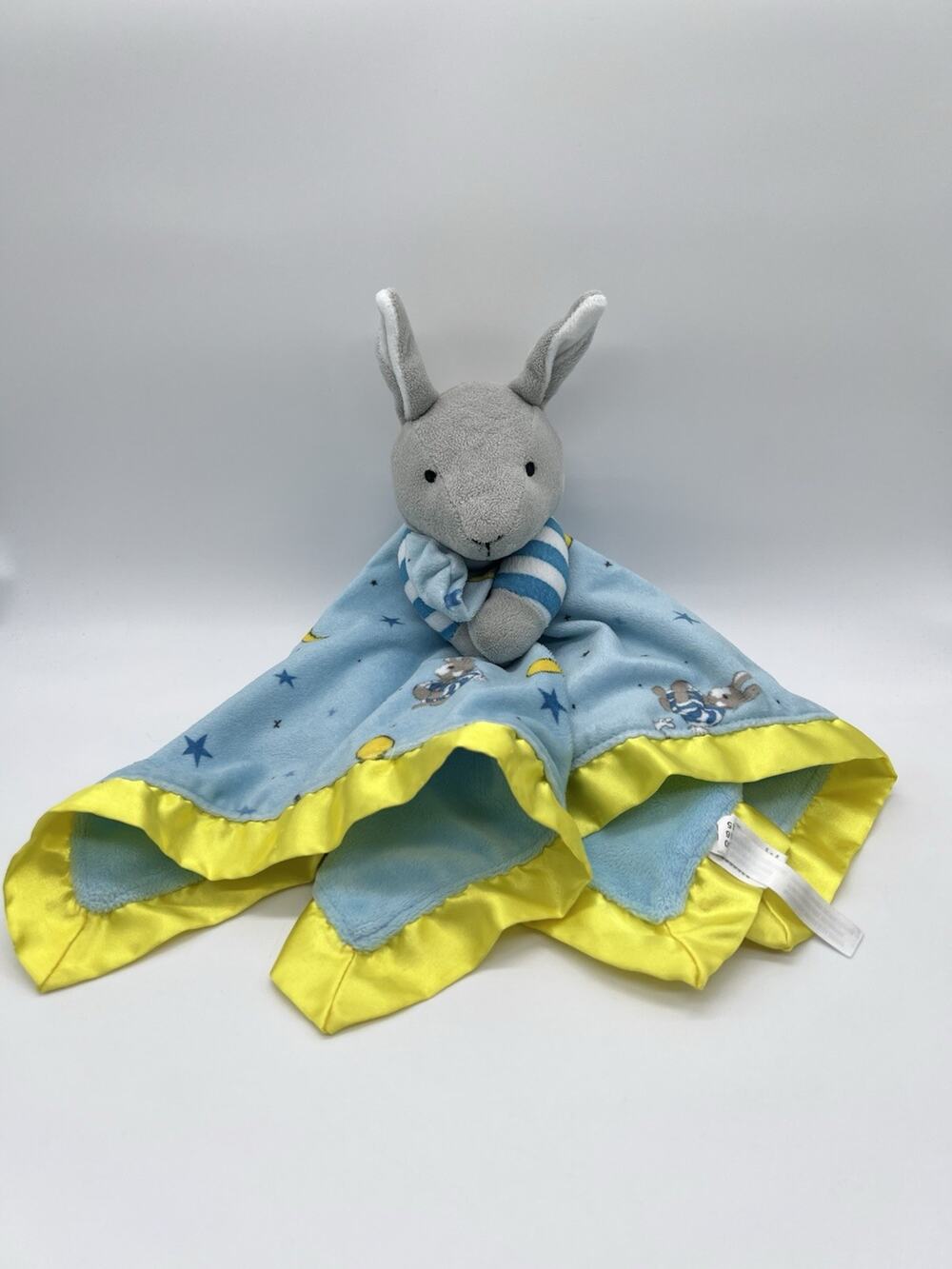 Goodnight Moon Bunny Rabbit Lovey Plush Security Blanket Gray Blue Yellow Satin